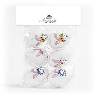 Anna's Collection Paaseieren met haasjes - 6x - kunststof - 6 cm - paasdecoratie Wit