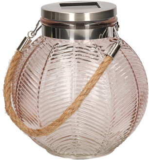 Anna's Collection Roze solar lantaarn van gestreept glas rond 16 cm
