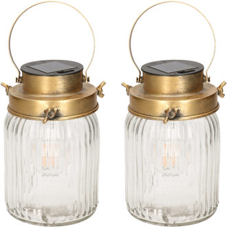 Anna's Collection Set van 2x stuks transparante solar lantaarn van gestreept glas met hengsel 18 cm