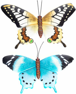 Anna's Collection Set van 2x stuks tuindecoratie muur/wand vlinders van metaal in blauw en geel tinten 48 x 30 cm