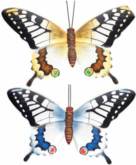 Anna's Collection Set van 2x stuks tuindecoratie muur/wand vlinders van metaal in blauw en geel tinten 48 x 30 cm