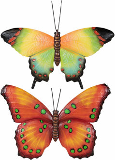 Anna's Collection Set van 2x stuks tuindecoratie muur/wand vlinders van metaal in blauw en groen tinten 48 x 30 cm