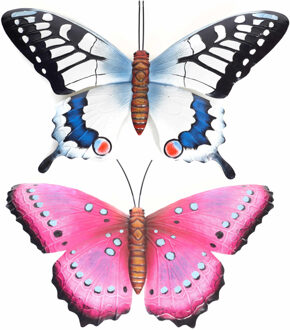 Anna's Collection Set van 2x stuks tuindecoratie muur/wand vlinders van metaal in blauw en roze tinten 48 x 30 cm - Tuinbeelden Multikleur