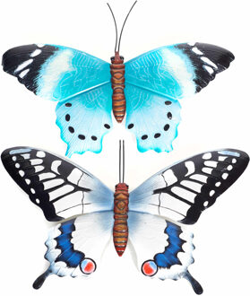 Anna's Collection Set van 2x stuks tuindecoratie muur/wand vlinders van metaal in blauw en wit/blauw tinten 48 x 30 cm