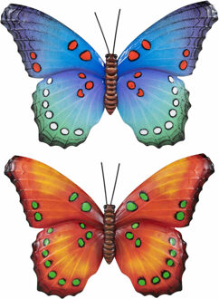 Anna's Collection Set van 2x stuks tuindecoratie muur/wand vlinders van metaal in oranje en blauw tinten 48 x 30 cm