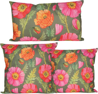 Anna's Collection Sierkussen set - 3x stuks - binnen/buiten - klaprozen bloem - roze en groen