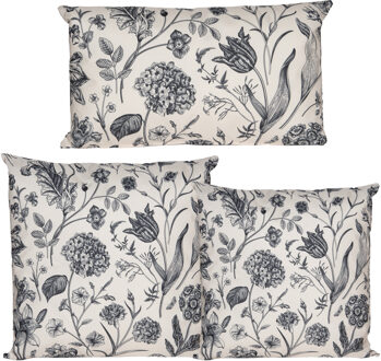 Anna's Collection Sierkussen set - 3x stuks - binnen en buiten - vintage flowers blauw - creme wit