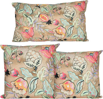 Anna's Collection Sierkussen set - 3x stuks - binnen en buiten - wild flowers - beige