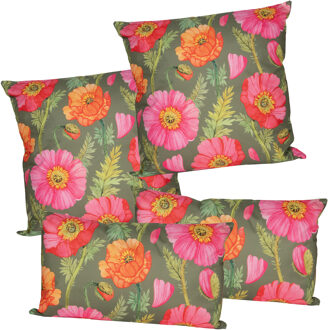Anna's Collection Sierkussen set voor binnen/buiten - 4x stuks - klaprozen bloemen - roze/groen - tuinkussens