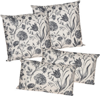 Anna's Collection Sierkussen set voor binnen/buiten - 4x stuks - vintage flowers - creme wit - tuinkussens