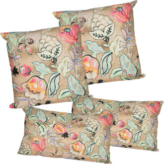 Anna's Collection Sierkussen set voor binnen/buiten - 4x stuks - wild flowers - beige - tuinkussens