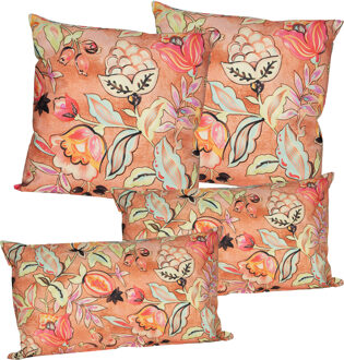 Anna's Collection Sierkussen set voor binnen/buiten - 4x stuks - wild flowers - terracotta - tuinkussens