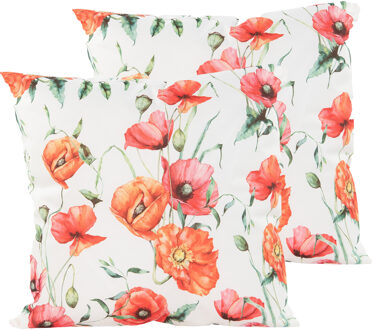 Anna's Collection Sierkussen voor binnen en buiten - 2x - bloemenprint - wit - 45 x 45 cm - tuinkussen