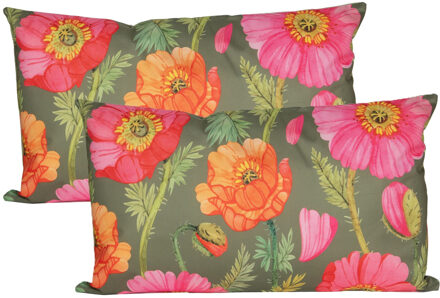 Anna's Collection Sierkussen voor binnen en buiten - 2x - klaprozen bloemen - groen/roze - 30 x 50 cm - tuinkussen