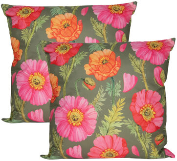 Anna's Collection Sierkussen voor binnen en buiten - 2x - klaprozen bloemen - groen/roze - 60 x 60 cm - tuinkussen