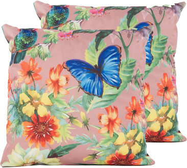 Anna's Collection Sierkussen voor binnen en buiten - 2x - vlinder - oud roze - 45 x 45 cm - tuinkussen - Sierkussens
