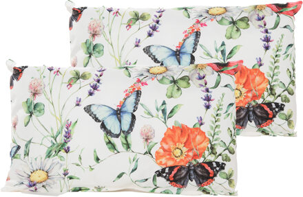 Anna's Collection Sierkussen voor binnen en buiten - 2x - vlinders - wit - 30 x 50 cm - tuinkussen - Sierkussens