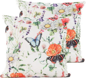 Anna's Collection Sierkussen voor binnen en buiten - 2x - vlinders - wit - 60 x 60 cm - tuinkussen