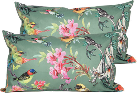 Anna's Collection Sierkussen voor binnen en buiten - 2x - vogels - donkergroen - 30 x 50 cm - tuinkussen