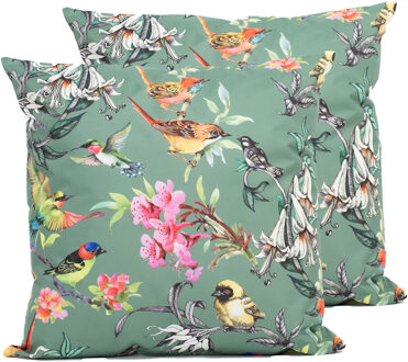 Anna's Collection Sierkussen voor binnen en buiten - 2x - vogels - donkergroen - 60 x 60 cm - tuinkussen