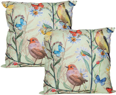 Anna's Collection Sierkussen voor binnen en buiten - 2x - vogels - lichtgroen - 60 x 60 cm - tuinkussen