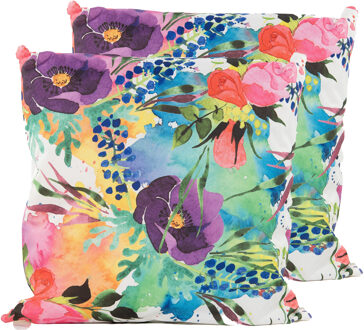 Anna's Collection Sierkussen voor binnen en buiten - 2x - watercolor bloemen - paars - 60 x 60 cm - tuinkussen - Sierkus