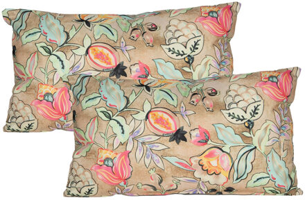 Anna's Collection Sierkussen voor binnen en buiten - 2x - wild flowers - beige - 30 x 50 cm - tuinkussen