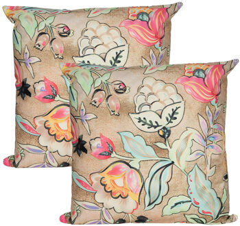 Anna's Collection Sierkussen voor binnen en buiten - 2x - wild flowers - beige - 45 x 45 cm - tuinkussen