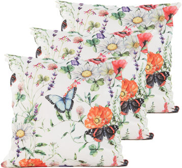 Anna's Collection Sierkussen voor binnen en buiten - 3x - vlinders - wit - 60 x 60 cm - tuinkussen