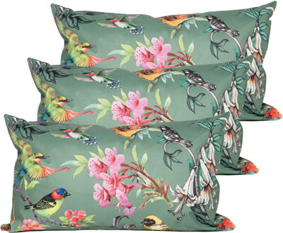 Anna's Collection Sierkussen voor binnen en buiten - 3x - vogels - donkergroen - 30 x 50 cm - tuinkussen