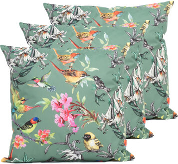 Anna's Collection Sierkussen voor binnen en buiten - 3x - vogels - donkergroen - 60 x 60 cm - tuinkussen