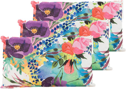 Anna's Collection Sierkussen voor binnen en buiten - 3x - watercolor bloemen - paars - 30 x 50 cm - tuinkussen