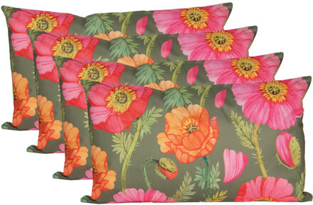 Anna's Collection Sierkussen voor binnen en buiten - 4x - klaprozen bloemen - groen/roze - 30 x 50 cm - tuinkussen