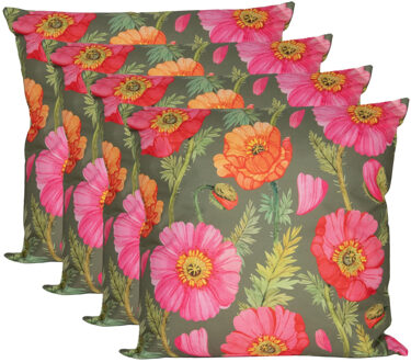 Anna's Collection Sierkussen voor binnen en buiten - 4x - klaprozen bloemen - groen/roze - 60 x 60 cm - tuinkussen