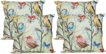 Anna's Collection Sierkussen voor binnen en buiten - 4x - vogels - lichtgroen - 60 x 60 cm - tuinkussen