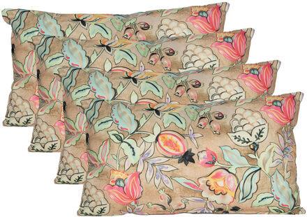 Anna's Collection Sierkussen voor binnen en buiten - 4x - wild flowers - beige - 30 x 50 cm - tuinkussen