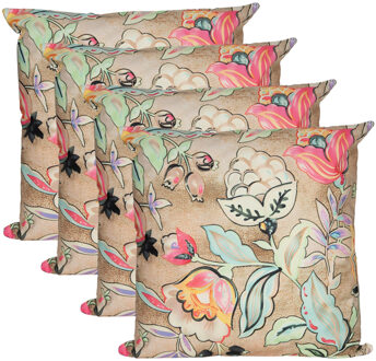 Anna's Collection Sierkussen voor binnen en buiten - 4x - wild flowers - beige - 60 x 60 cm - tuinkussen