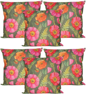 Anna's Collection Sierkussen voor binnen en buiten - 6x - klaprozen bloemen - groen/roze - 60 x 60 cm - tuinkussen