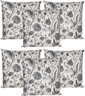 Anna's Collection Sierkussen voor binnen en buiten - 6x - vintage flowers - creme wit - 45 x 45 cm - tuinkussen