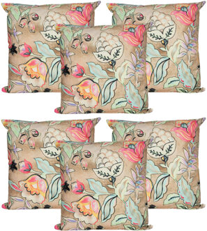 Anna's Collection Sierkussen voor binnen en buiten - 6x - wild flowers - beige - 45 x 45 cm - tuinkussen