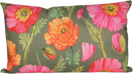 Anna's Collection Sierkussen voor binnen en buiten - klaprozen bloemen - groen/roze - 30 x 50 cm - tuinkussen