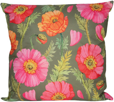 Anna's Collection Sierkussen voor binnen en buiten - klaprozen bloemen - groen/roze - 45 x 45 cm - tuinkussen