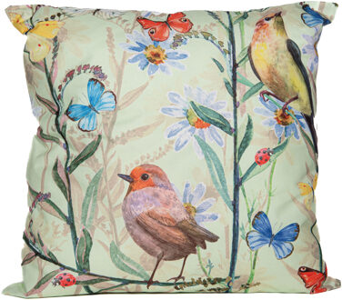Anna's Collection Sierkussen voor binnen en buiten - vogels - lichtgroen - 60 x 60 cm - tuinkussen