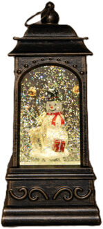 Anna's Collection Sneeuwbol/snowglobe glitter lantaarn - sneeuwpop - 9 x 9 x 20 cm- met LED verlichting warm wit