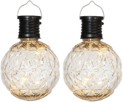 Anna's Collection Solar hanglamp tuin - 2x - lampenbol - zwart - bewerkt glas - 11 cm - ophang haakj