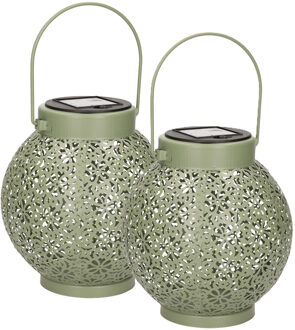 Anna's Collection solar lantaarn - 2x - groen - metaal - D15 x H16 cm - voor buiten