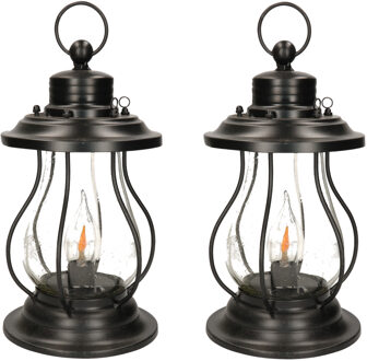 Anna's Collection Solar lantaarn - 2x - met vlameffect - 17 x 31 cm - zwart - metaal - tafellamp