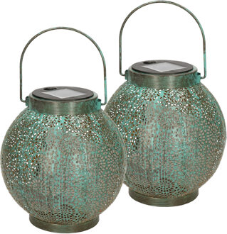 Anna's Collection Solar lantaarn - 2x - vlam effect - antiek - turquoise - metaal - 14 x 16 cm