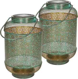 Anna's Collection Solar lantaarn - 2x - vlam effect - antiek - turquoise - metaal - 16 x 26 cm