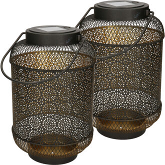 Anna's Collection Solar lantaarn - 2x - vlam effect - antiek - zwart - metaal - 16 x 26 cm